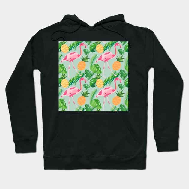 Tropical trendy seamless pattern with pink flamingos, pineapples and palm leaves Hoodie by AnaMOMarques